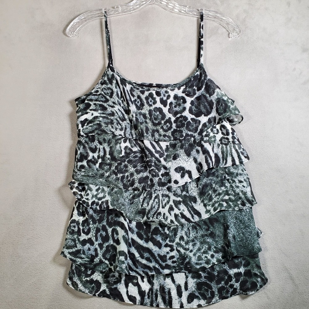 Y2K Animal Print Tank Top Women S Black Tiered Ruffle Chiffon Cami New York & Co